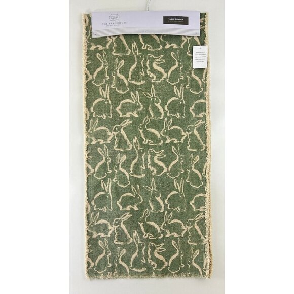 Rachel Ashwell Farmhouse Table Runner 16" X 72" Green & Beige 100% Cotton Bunny - Picture 1 of 8